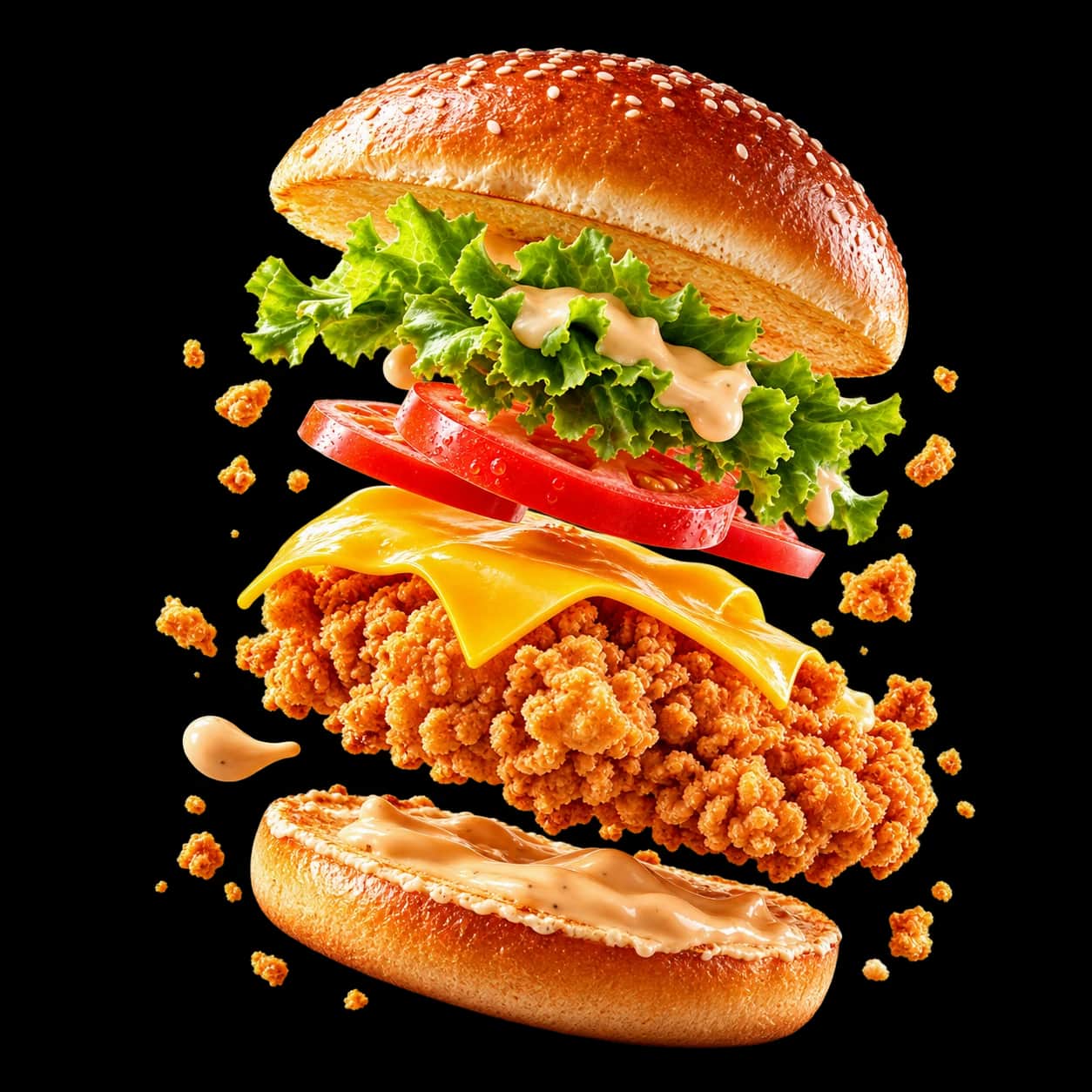 Burger au poulet croustillant en suspension : pain au sésame, salade, tomate, cheddar et poulet pané.